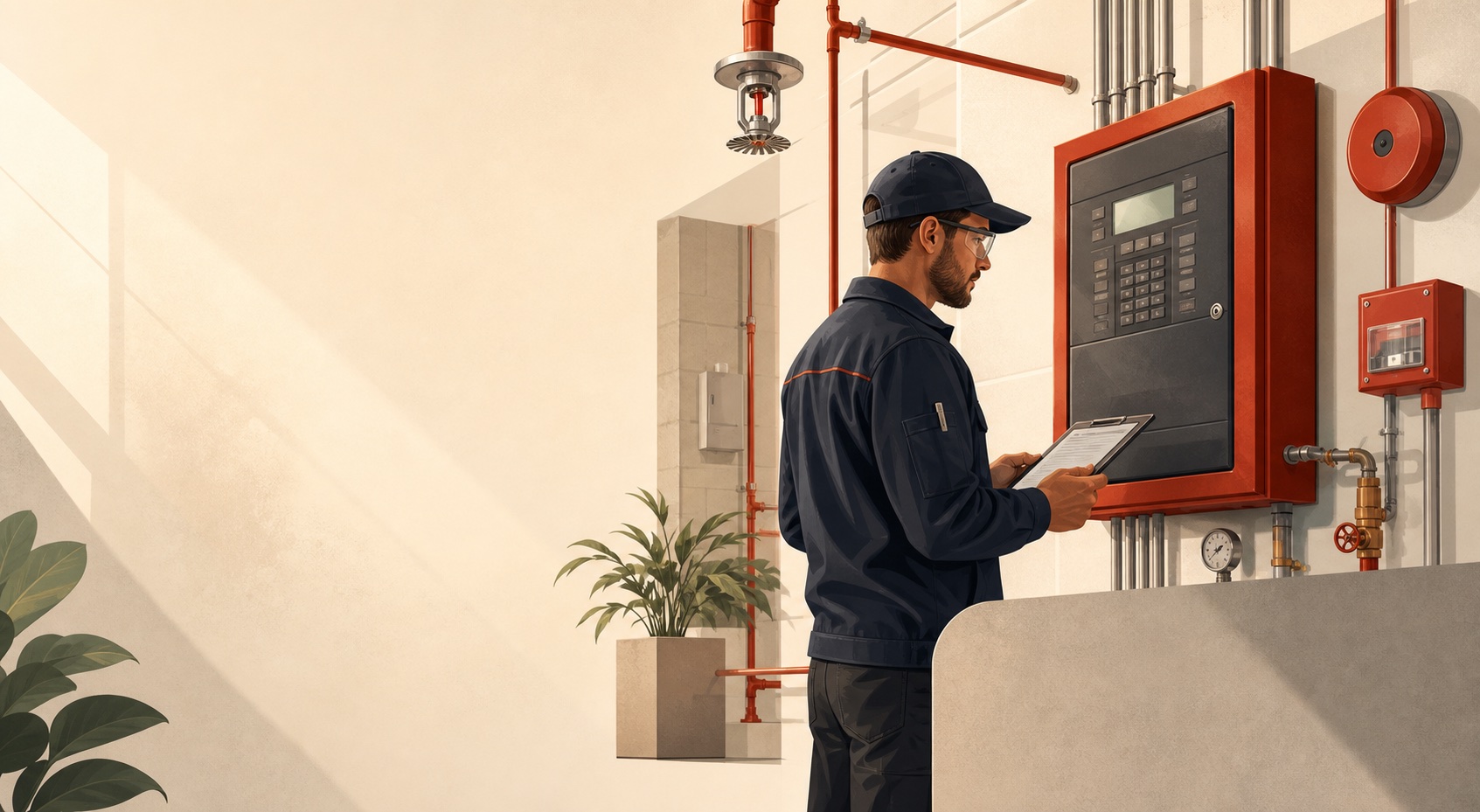 Illustration of a fire protection technician inspecting alarm and sprinkler equipment